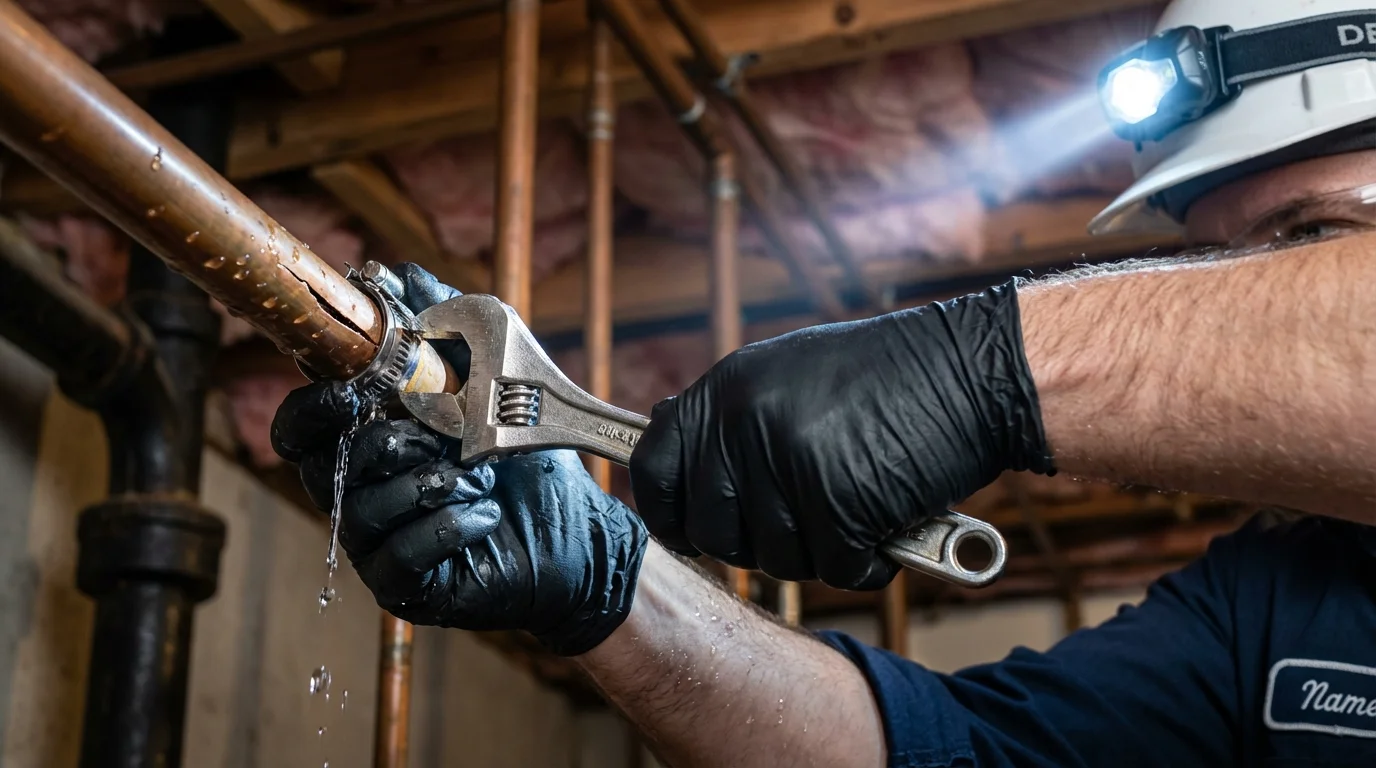 Emergency pipe clamp repair being performed by a Johns Plumbing LLC plumber in Solon
