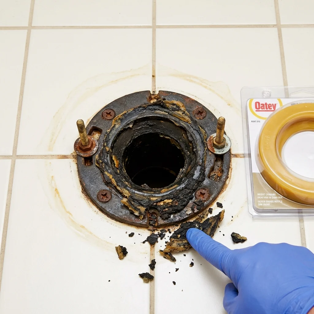 Failed wax ring showing water seepage at the base of a toilet in a Solon, IA home