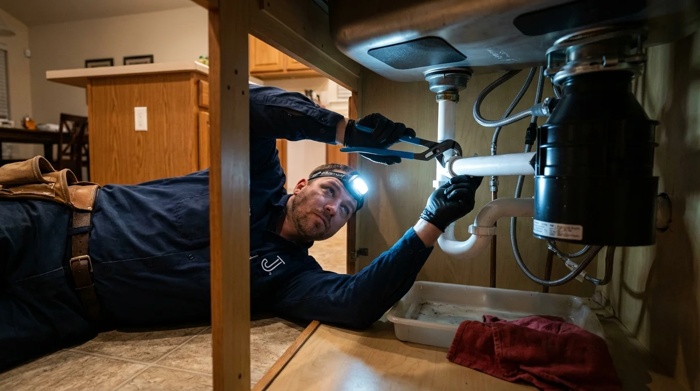 P-trap and supply line connections under a kitchen sink showing a common leak point in Solon, IA